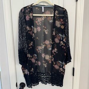 Xhilaration Black Floral Sheer Kimono with Lace Trim